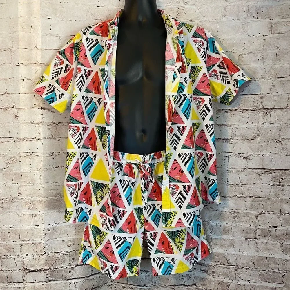 Massive Tropical Watermelon Set XL Button Down Elastic Short Triangle Print L - Picture 3 of 10